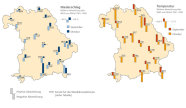 Aus den Karten für Niederschlag und Temperatur in Bayern kann man eine niederschlagsarme und warme Zeit im September erkennen. Der Oktober war dagegen im Schnitt niederschlagsreich und kalt.