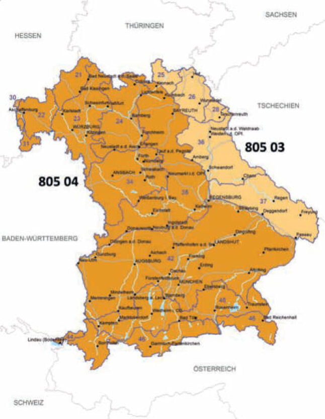 Bayernkarte mit einem deutlich schmalerem Streifen von Herkünften im Osten Bayerns.