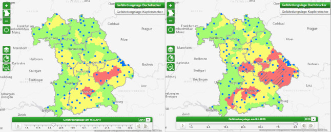 Gefährdungslage des Buchdruckers am 15. Mai 2017 (links) und am 8. Mai 2018 in Bayern.