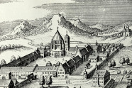 Zeichnung von Kloster Ettal vor Bergkulisse