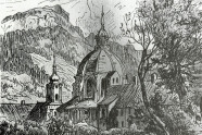 Schraffur von Kloster Ettal vor Bergkulisse