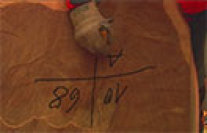 Nahaufnahme: Stirnseite eines Baumstammes auf die gerade von einem Waldarbeiter Markierungen geschrieben werden (Foto: T. Dantl).