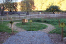 Mehrere runde Schilder und Bienenkasten