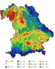 Karte Bayerns, die in zehn Temperaturklassen geteilt ist. Diese sind jeweils unterschiedlich gefärbt.