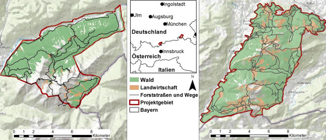 Zwei Karten in denen die Projektgebiete und ihre regionale Verteilung eingezeichnet sind