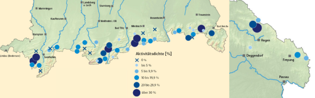 Karte der Aktivitätsdichte der Monitoringflächen je mehr Aktivität, desto größer der Kreis