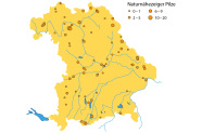 Bayernkarte, die Nachweise von mykologischen Aufnahmen in Naturwaldreservaten zeigt.