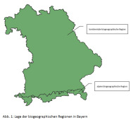 Karte von Bayern mit den biogeographische Regionen. Ca. 95% der Landesfläche liegen in der kontinentalen biogeographischen Region. Die alpine Region sind die bayerischen Alpen. Die Begrenzung zwischen beiden Regionen ist in West-Ost-Ausrichtung etwa eine Linie von Kempten über Bad Tölz bis Bad Reichenhall.