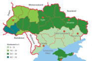 Landkarte: Ukraine mit Nachbarländern. Die einzelnen Gebiete sind je nach prozentualem Waldanteil unterschiedlich farbig markiert. Darunter sind zwei Regionen mit 40,1 bis 55 Prozent Waldanteil (im Westen an den Grenzen zur Slowakei, Ungarn und Rumänien), 11 Regionen mit einem Waldanteil von 25,1 bis 40 Prozent (hauptsächlich im Norden und auf der Krim), fünf Regionen (an den Grenzen zu Polen, Weißrussland und Rumänien) von 10,1 bis 25 Prozent und sieben Regionen (am Schwarzen Meer) mit einem Waldanteil mit einem Waldanteil von 0 bis 10 Prozent.