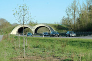 Zwei nebeneinander liegende Tunnel über die eine Grasfläche führt.