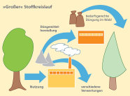 Die Grafik zeigt den »Großen« Kreislauf bei der Verwendung von Holzasche als Düngemittel und alternative Verwendungen als Sekundärrohstoff.