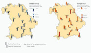 Die Karten der Niederschlags- und Temperaturabweichungen in Bayern zeigen leicht erhöhte Niederschlagswerte im Januar und wenig Niederschläge im Februar. Die Temperaturen waren im Januar überdurchschnittlich hoch, im Februar wichen sie kaum vom langjährigen Mittel ab.