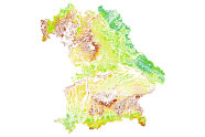 Karte von Bayern; rot, grün und gelbe Einfärbungen an bestimmten geopraphischen Besonderheiten