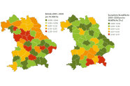 Zwei Bayern-Karten zeigen aufgeteilt nach Regierungsbezirken die Fläche und Häufigkeit 