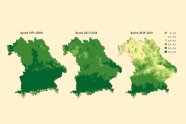 Drei Karten von Bayern: links im Süden dunkelgrün, Norden hellgrün; mittig im Süden dunkelgrün, hellgrün bis weiter in den Süden als in Grafik links; rechts wenig dunkelgrün im Süden, wenig hellgrün mittig, darüber alles gelb