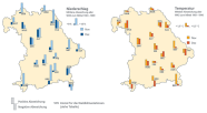 Zwei Umrisskarten von Bayern. Hierauf sind die Abweichungswerte von Niederschlag und Temperatur von 19 bayerischen Waldklimastationen für die Monate November und Dezember markiert.