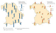 Die Niederschlags- und die Temperaturkarte Bayerns zeigen die Abweichungen aller Klimastationen zum Mittelwert von 1961 bis 1990. Sowohl im März als auch besonders im April wurden extrem wenig Niederschläge verzeichnet. Gleichzeitig waren die Temperaturen, vor allem im April, überdurchschnittlich hoch.