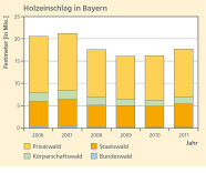 Grafik: Gestaffeltes Säulendiagramm bestehend aus sechs Säulen, je eine pro Jahr von 2006 bis 2011. Durch die Staffelung der Säulen wird angezeigt wie viele Festmeter Holz im Privat-, Körperschafts-, Staats- und Kommunalwald im jeweiligen Jahr eingeschlagen wurden.