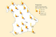 Bayernkarte mit Waldklimastationen und deren Temeprturmessungen für Juni, Juli und September; Juli deutlich wärmer als im Mittel, Juli und September auch deutlich wärmer 