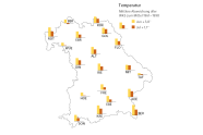 Bayernkarte mit den Lufttemperaturmessungen von Juni und Juli in Balkendiagrammen