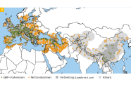 Natürliche eurasische Artverbreitung der Walnuss als Waldbaumart auf Europakarte