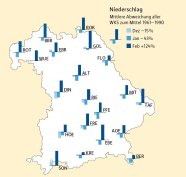 Bayernkarte mit mehreren hell-bis dunkelblauen Drei-Balken-Grafiken.