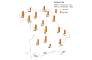 Bayernkarte mit Balkendiagrammen der Temperatur an den Waldklimastationen