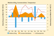 Grafik zeigt Niederschlag, Sonnenschein und Temperatur im Jahresverlauf