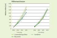 Grafik mit Höhenwachstum von drei verschienden Birkenarten an zwei Standorten