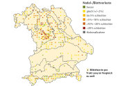 Bayernkarte mit grünen, gelben, orangen und roten Punkten, Verteilung eher im Norden und Süden