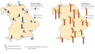 Die Karte der Waldklimastationen Bayerns zeigt an fast allen Stationen sehr hohe Niederschläge in den Monaten November und Dezember. Die Temperaturen lagen im November über dem Mittelwert der Jahre 1961-1990, im Dezember lag der Durchschnitt aller Waldklimastationen um 3,5°C unter dem Mittelwert von 1961-1990.