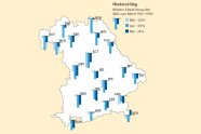 Karte von Bayern auf gelbem Grund. Auf Bayern sind an verschiedenen Orten verschiedenfarbig blaue Balken, die für den Niederschlag der Monate März, April und Mai stehen