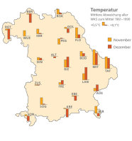 Politische Umrisskarte von Bayern zeigt die im November und im Dezember gemessenen Temperatur, in Relation zur durchschnittlichen Temperatur der Jahre 1961-1990. Die Tendenz liegt bei einem Anstieg der Durchschnittstemperatur im November, der Dezember war tendenziell im Norden und Süden Bayerns niedriger und im Osten höher als in der Vergleichsperiode.