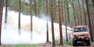 Ein LKW fährt durch einen lichten Fichtenbestand und sprüht während dessen eine dichte Wolke weißen Kalk in den Waldteil zu seiner rechten Seite.