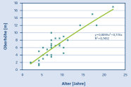 Graph mit linearer Steigung von etwa 1, darum wolkenartige Verteilung von Einzelpunkten