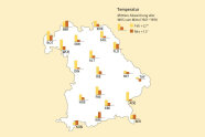 Bayernkarte mit den Temperaturabweichungen für Februar und März 2022