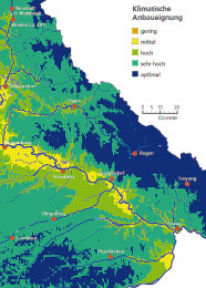 Die Karte zeigt farblich differenziert die klimatische Anbaueignung der Fichte in Oberbayern.