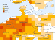 Karte: Ausschnitt des Palmer Dürre-Indexes. Die Karte Europas ist mit farblichen Flächen gekennzeichnet, die den Grad der Dürre ausdrücken. 