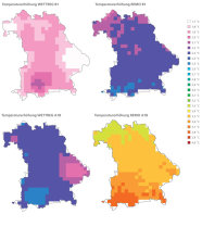 Zwei Szenarien nach jeweils 2 Klimamodellen für den mittleren Temperaturanstieg in den Jahren von 2071 bis 2100 werden als Karte dargestellt. Allen Karten ist ein Anstieg der Temperatur zu entnehmen von mindestens 1,7 Grad Celsius zu entnehmen. Das Modell "REMO" prognostiziert für das Szenario A1B in manchen Gebieten sogar einen Temperaturanstieg von 3,9 Grad.