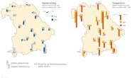 Die Grafik zeigt zwei Umrisskarten von Bayern.  Auf der linken Karte werden durch je zwei Säulen die mittleren Niederschlagsabweichungen an den 19 Waldklimastationen zum Mittel von 1961 - 1990 für die Monate September und Oktober 2012 dargestellt. In der rechten Karte werden in gleicher Art und Weise die mittleren Temperaturabweichungen veranschaulicht.