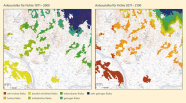 Auf zwei Karten wird das Anbaurisiko für Fichen in Bezug auf den Klimawandel dargestellt. Das Modell zeigt anhand unterschiedlicher Farben die Gebiete mit den Kennzeichnungen "sehr hohes Risiko" bis "sehr geringes Risiko". 