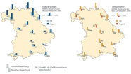 Grafik: Mittlere Niederschlags- und Temperaturabweichungen an den Waldklimastationen im Sommer 2010.