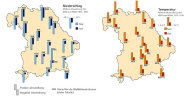 Grafik: Mittlere Niederschlags- und Temperaturabweichungen an den Waldklimastationen im Frühjahr 2012.