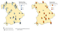 Die Niederschlags- und Temperaturkarte Bayerns zeigt die Abweichungen der Messungen an den Waldklimastationen im Vergleich zum Mittelwert zwischen den Jahren 1961 und 1990. Mai und Juni 2011 waren demnach sehr warm und lagen fast überall über dem Mittelwert. Zudem war der Mai überdurchschnittlich trocken, der Juni dagegen sehr niederschlagsreich.