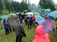 Gruppe Personen mit Regenschirmen