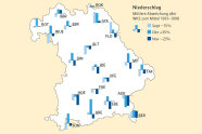 Karte von Bayern; Markierungen an bestimmten Ortschaften; hier dann hellblaue, mittelblaue und dunkelblaue Balken