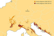 Europakarte mit einigen gelb-rot eingefärbten Flecken in Südfrankreich, Norditalien und der dalmatinischen Küste.