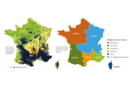 Links Frankreichkarte mit Datenpunkten der Standorte, rechts unterteilt nach Regionen
