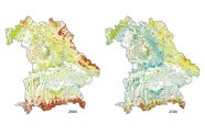 Zwei Karten von Bayern, die linke eher in rot gehalten, während die rechte eher grün oder gelb ist