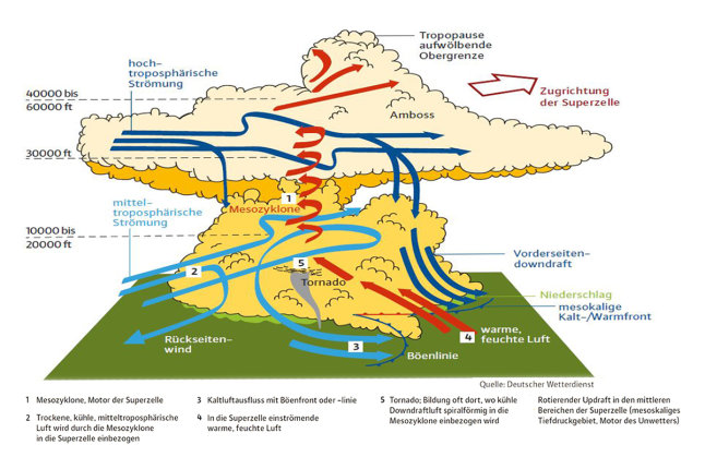 Grafik, die Entstehung von Superzelle erklärt; Wolken, aufsteigende warme Luft sowie fallende kalte Luft